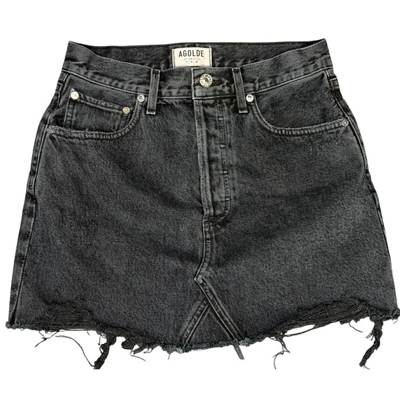 Agolde Dresses & Skirts - AGOLDE Quinn Denim Mini Skirt 25 / 0 Black Distressed Raw Hem High Rise